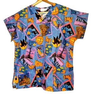 Homemade Halloween Scrub Top Shirt Women S Blue Witch Cat Bat Owl Pumpkin Work
